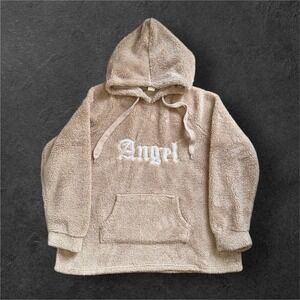 End of Story Sherpa Fleece Hoodie Women XL Tan Beige Embroidered Pullover Angel